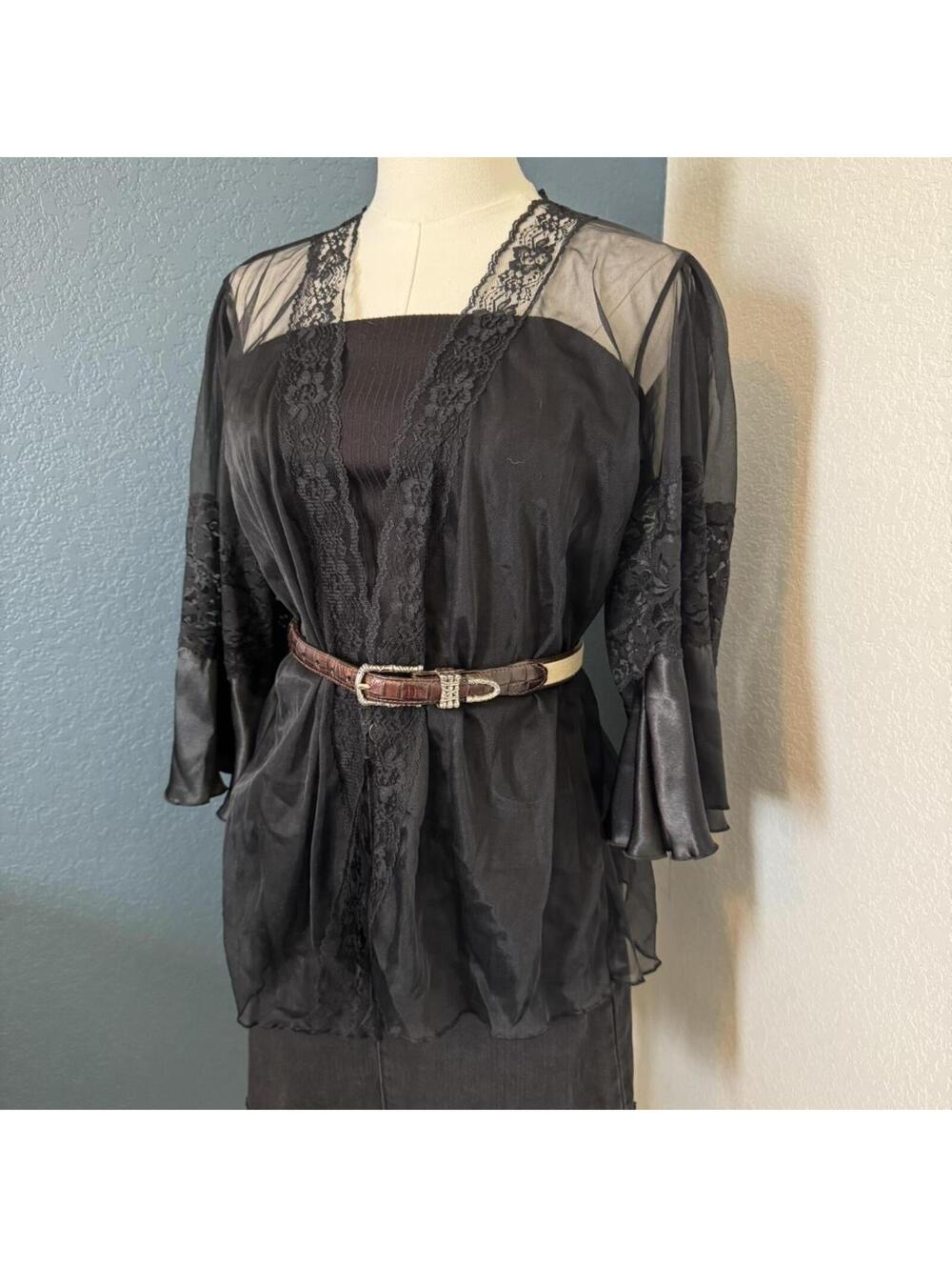 Sheer black lace and satin trim open blouse, western goth, size medium
